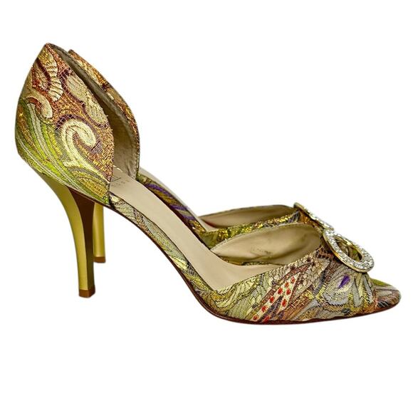 Pelle Moda Metallic Peep Toe Rhinestone Heels Leather Size 8 - Picture 1 of 9